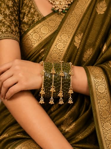 Image of JPS 16 Pcs Trendy Stylish Glass & Kashmiri Ghungroo Bangles Set for Women & Girls | Gold-Plated Traditional Festive Wedding Party Jewellery Chudi Set (12 Glass + 4 Metal)