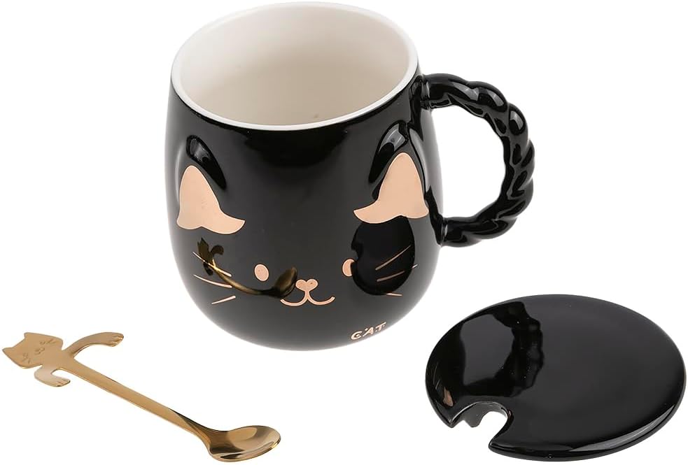 Japanese Cat Porcelain Mug - With Lid & Spoon - 15oz - Breakfast & Relaxation Break - Coffee, Tea, Hot Chocolate - Gift Idea Asia, China, Japan - Black