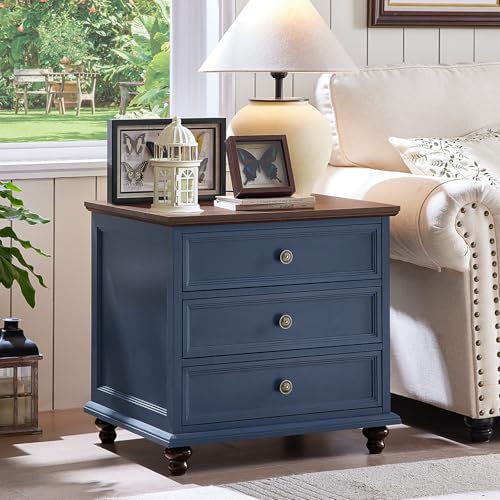 24' Breites Landhaus-Nachttisch, Großer Beistelltisch mit 3 Schubladen & Metallgriff, Holz-Kommode für Schlafzimmer, Blau...