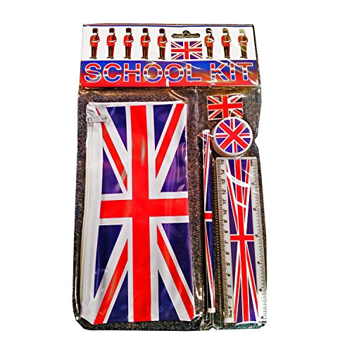 Preisvergleich Produktbild Union Jack Schulbausatz - Mäppchen / Bleistift / Lineal / Radiergummi / Bleistiftspitzer / Britische Flaggenandenken von London England Großbritannien