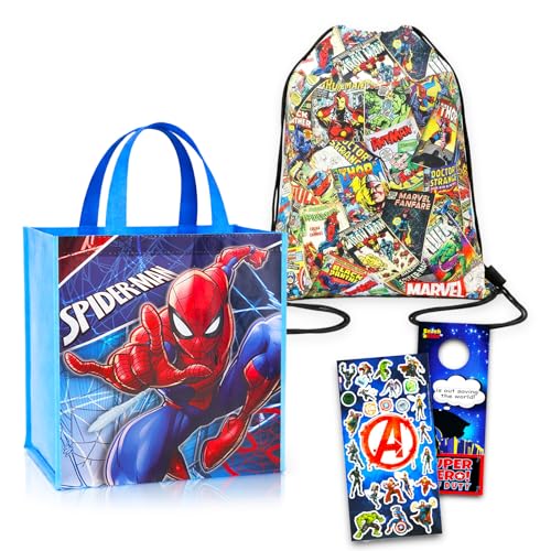 Marvel Shop Conjunto de bolsa de cordão dos Vingadores com 5 peças e bolsas de viagem do Homem-Aranha para crianças pequenas, 600 adesivos, mais sacolas de presente (Superhero Sling Totes), sacola de Vingador