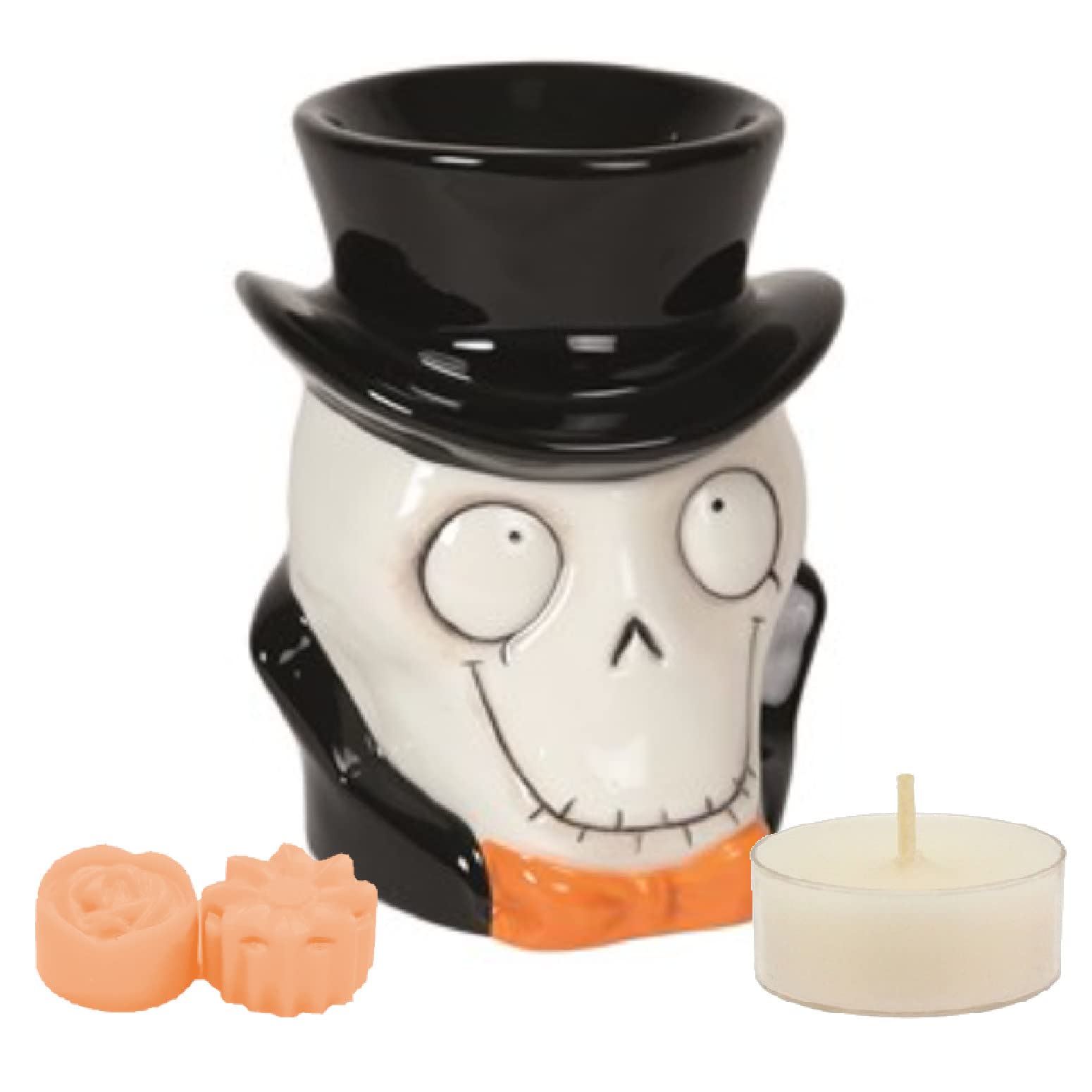 Skull in a Top Hat Halloween Ceramic Oil Burner Wax Melter Starter Gift Set with Two Assorted Highly Scented Soy Wax Melts and One Unscented Soy Wax Tealight Candle