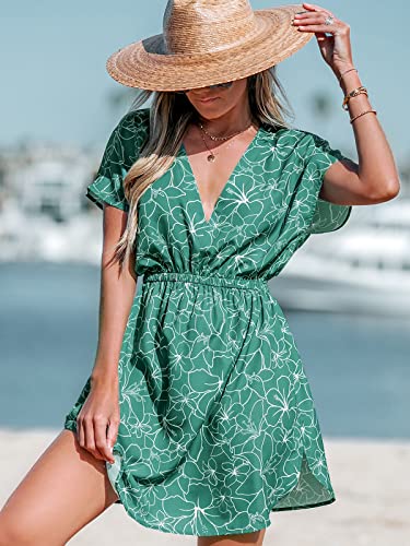 Image of CUPSHE Women's Swimsuit Coverup Casual V Neck Beach Dress Short Sleeve Elastic Waist Swimwear Cover Ups 2026 Beachwear