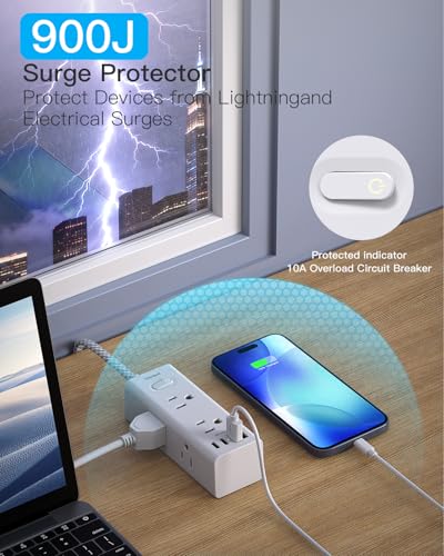 Image of Flat Plug Extension Cord 6 Ft, One Beat 6 Feet Surge Protector Power Strip with 6 Widely Outlets 4 USB Ports (2 USB C), 3 Way Wall Outlet Extender Extension Cord for Home Office College Dorm Room