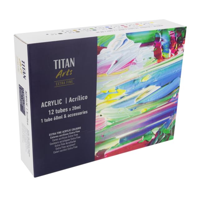 Titan Arts Pinturas acrílicas extrafinas en caja de madera, tubos de 12 x 20 ml + 1 tubo de 60 ml, con accesorios