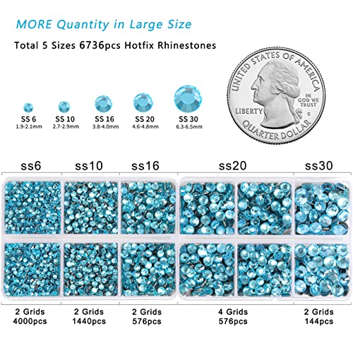 Image of 6736pcs Hotfix Rhinestones Flatback,Blue Rhinestones for Crafts Clothes Mixed 5 Sizes, Hotfix Crystals with Tweezers and Wax Pencil Kit, SS6-SS30,Aquamarine