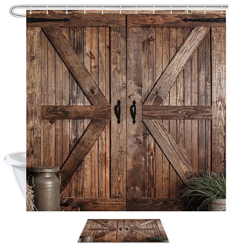 Juego de cortinas de ducha rústicas y alfombras de baño de madera de granja vintage 3