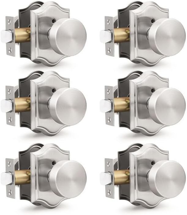 Orger Brushed Nickel Door Knobs Interior, Zinc-Alloy Silver Door Knob with Lock, Heavy Duty Privacy Antique Door Knob for Bathroom and Bedroom, 6 Pack