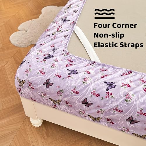 Image of Softan Purple Floral Bed Sheets Full, Paisley Flower Printed Sheet Set, Cozy Microfiber Fitted Sheet with 15 inch Deep Pocket & Non-Slip Straps, Butterfly Patterned Sheets & Pillowcase Set