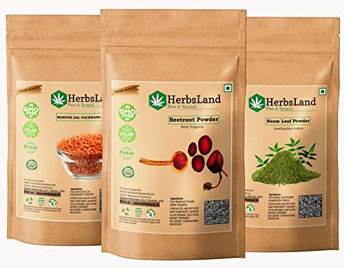 HerbsLand® 100% Natural Beetroot (SuperFood) (Beta Vulgaris), Masoor Dal (Red Lentils-Seed) FacePack and Neem Leaf Powder For Face & Skin Care (100gm Each)