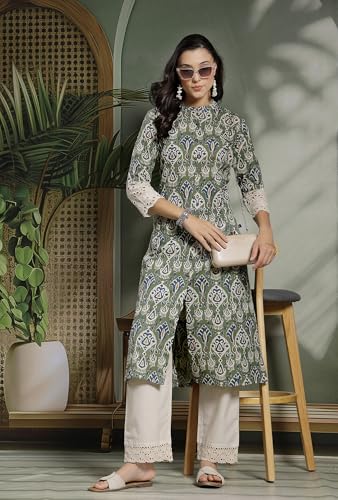 Image of Pistaa's Women's Cotton Regular Fit A Line Regular A-Line Printed Cutwork Sleeve Kurta