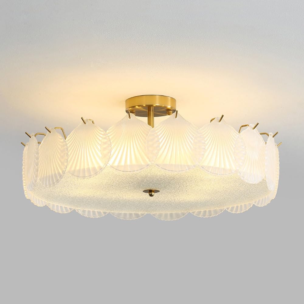 SYAXVOM Modern Shell Chandelier - Round Glass Ceiling Light for Girls' Bedroom Dining Room & Living Stylish Home Décor Fixture Perfect Table Illumination