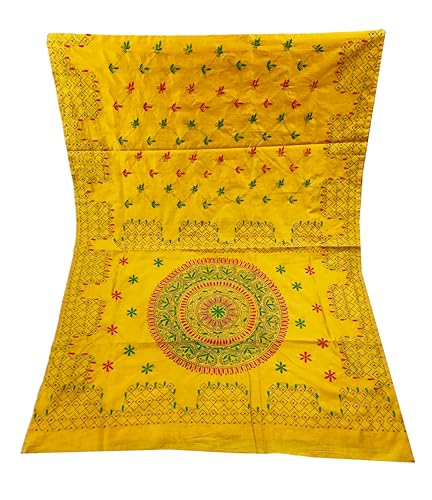 Image of SHRISTI CLOTHINGS Women's Hand Embroidered Cotton Silk Kantha Stitch Saree with Blouse Piece (SB4200924 AMBER)