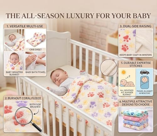 Image of First Kick Luxury Soft Baby Blanket Combo Pack of 100 x 75 cm Premium Fleece Newborn Swaddle Wrap | Baby Bath Towel All Season Blanket for 0-12 Months Crib Stroller Travel Use