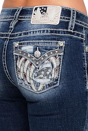 Miss Me Women's Mid-Rise Trinity Wing American Flag Faux Flap Pockets Bootcut Jeans4