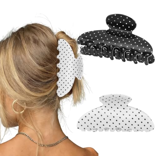 2 Pack de Pinzas de Garra con Lunares para Mujer, Pinzas Antideslizantes de Tamaño Medio, Plástico, para Cabello Grueso, Blanco y Negro con Lunares, Accesorios para el Cabello miniatura 1