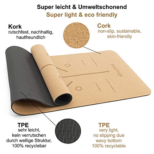Pure Yoga Yogamat van kurk - natuurkurk - antislip - extra breed - milieuvriendelijk - zeer licht - uitlijningssysteem - inclusief draagriem (183 cm x 66 cm x 0,5 cm) - Image 4