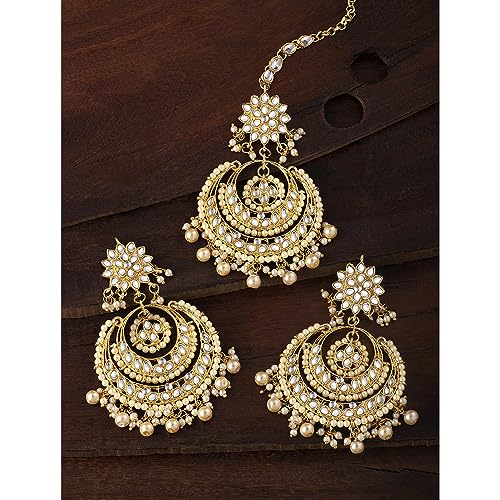 Image of Peora Traditional Jewellery Rhodium Kundan & Pearl Maang Tikka Earring Set for Women Girls