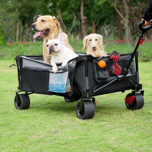 Image of Timber Ridge 600L Beast Wagon 26 inch W Extra Wide All Terrain Folding w /Big Wheels, Cargo Net & Tailgate, 26 inch W and 55.25 inch L, 500lbs Heavy Duty Collapsible Portable Cart for Camping, Sports, Dogs, Grey