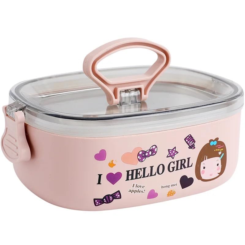Kids Premium 600ML Lunch Box Stainless Steel Cartoon Print 1 Compartment with Spoon, Food Grade Lunchbox Clip Lock Leak Proof Container for School Travel Picnic (Pink)