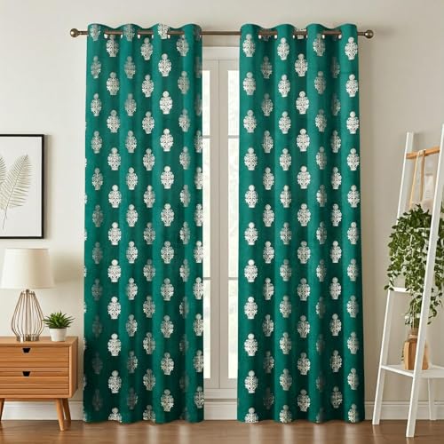 Image of Premium Velvet Window Curtains 5 Feet, Golden Foil Matka Design Room Darkening Curtains for Window, Thermal Insulated Parda - 4 feet x 5 feet (48 x 60 Inch) - 1 Pcs Aqua Colour