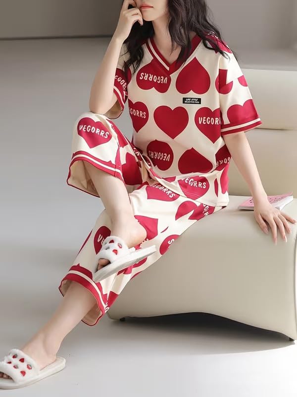 Image of Women Capri Pajama Set Korean Style Nightsuit Soft Breathable Top and Mid Length Pants Lightweight Loose Fit Nightwear Loungewear