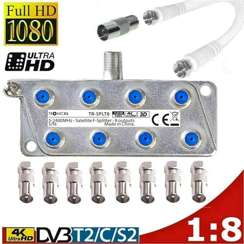 TronicXL 8-krotny rozdzielacz 4K IEC rozdzielacz antenowy TV kabel adapter do telewizji kablowej 8 szt. DVBC np do Unitymedia Vodafone Netcologne SAT Splitter hd digital Unicable puszka rozdzielcza