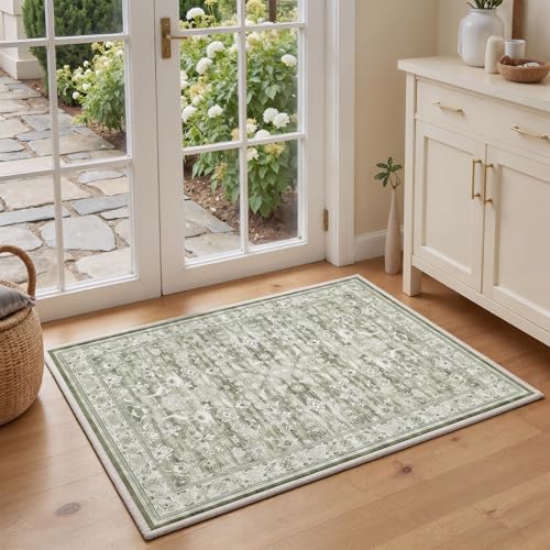 Klyvvo Vintage Tapis de Couloir 60x90 cm, Vert et Motifs Floraux Lavable en Machine, Faible Poil Antidérapant Entree, Cuisine, Salle de Bain, Chambre