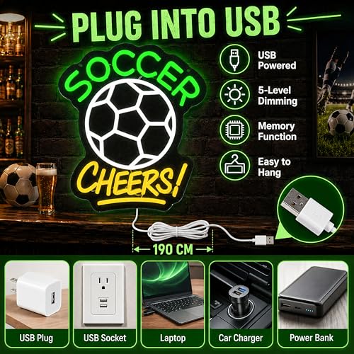 Image of Soccer Cheers LED Neon Sign, Green Ball Wall Light for Sports Bar, Fan Cave, Game Room, Bedroom and Team Room Decor, USB Powered Dimmable Gift for Fans, 13.8 x 13 in