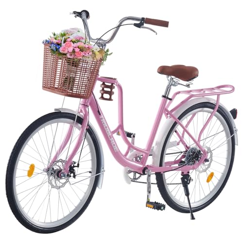 LSLIFE 24 Inch Vintage Ladies Bike with Basket Lightweight City Bicycle