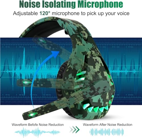 Gaming Headset for PS4, PC, Xbox One, PS5, for Nintendo Switch, Wired Over Ear Headphones with 7.1 Stereo Surround Sound, Noise-Cancelling Microphone, LED Lights for Kids Adults, Camo Green