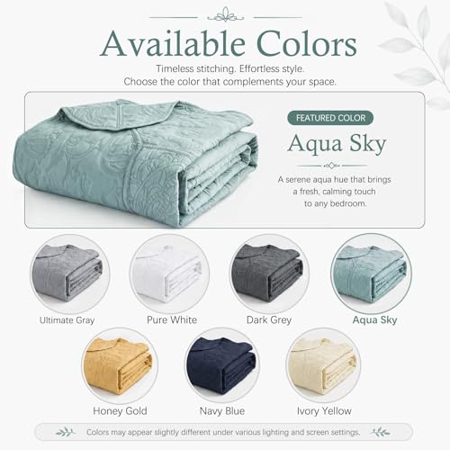 Image of HZ & HY Oversized King Bedspread, Stitched Paisley Quilt Set King /Cal King, Lightweight Reversible Coverlet, Scalloped Edge - Fresh Classic Look, 5 Piece, Aqua Sky