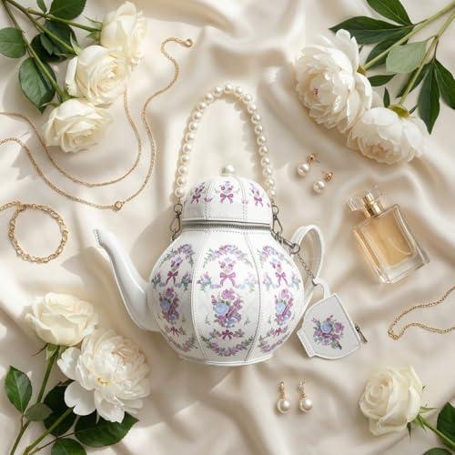 Women PU Leather Floral Handbag Crossbody Shoulder Bag Pearl Chain Valentine Purse for Girls with teapot Ornament White - image 3