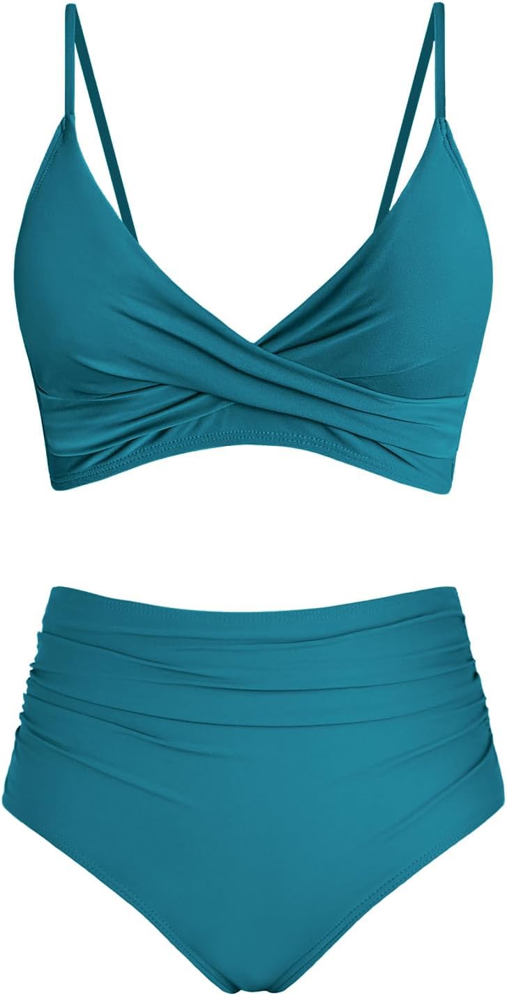 Amy Babe Women's High Waisted Bikini Sets Push Up Twist Front Spaghetti Straps Ruched Two Piece Swimsuit Bathing Suit