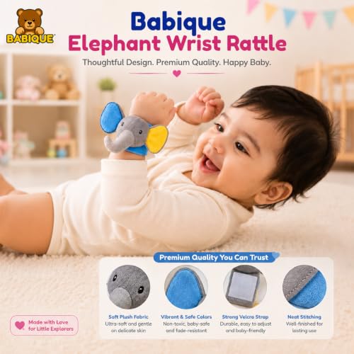 Image of Babique Soft Plush Elephant Hand Rattle Wrist Band for Newborns, Infants & Kids - Baby Wrist Rattle Toy with Adjustable Velcro Strap, Gentle Sound, Lightweight & Safe for 0-36 Months