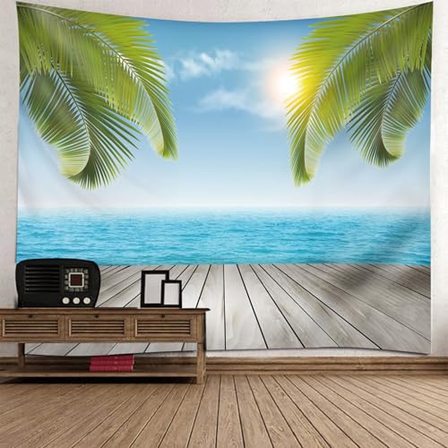 Tapisserie paysage mer pour salon : ambiance évasion bois et palmier