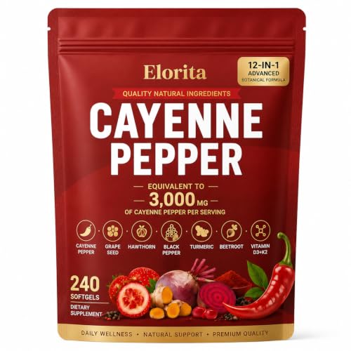 Elorita Cayenne Pepper Softgels - 12-in-1 Capsaicin Supplements, with Vitamin D3 & K2, Turmeric, Hawthorn, Beetroot, Black Pepper Extract, Vegan, Gluten-Free, Non-GMO, 240 Softgels (1PCS)
