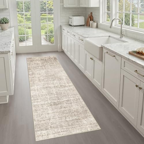 Runner Rug Non-Slip Kitchen Rug: 2x6 Washable Abstract Modern Soft Stain Resistant Indoor Floor Neutral Accent Throw Carpet for Hallway Bathroom Laundry Room Bedroom Entryway- Brown