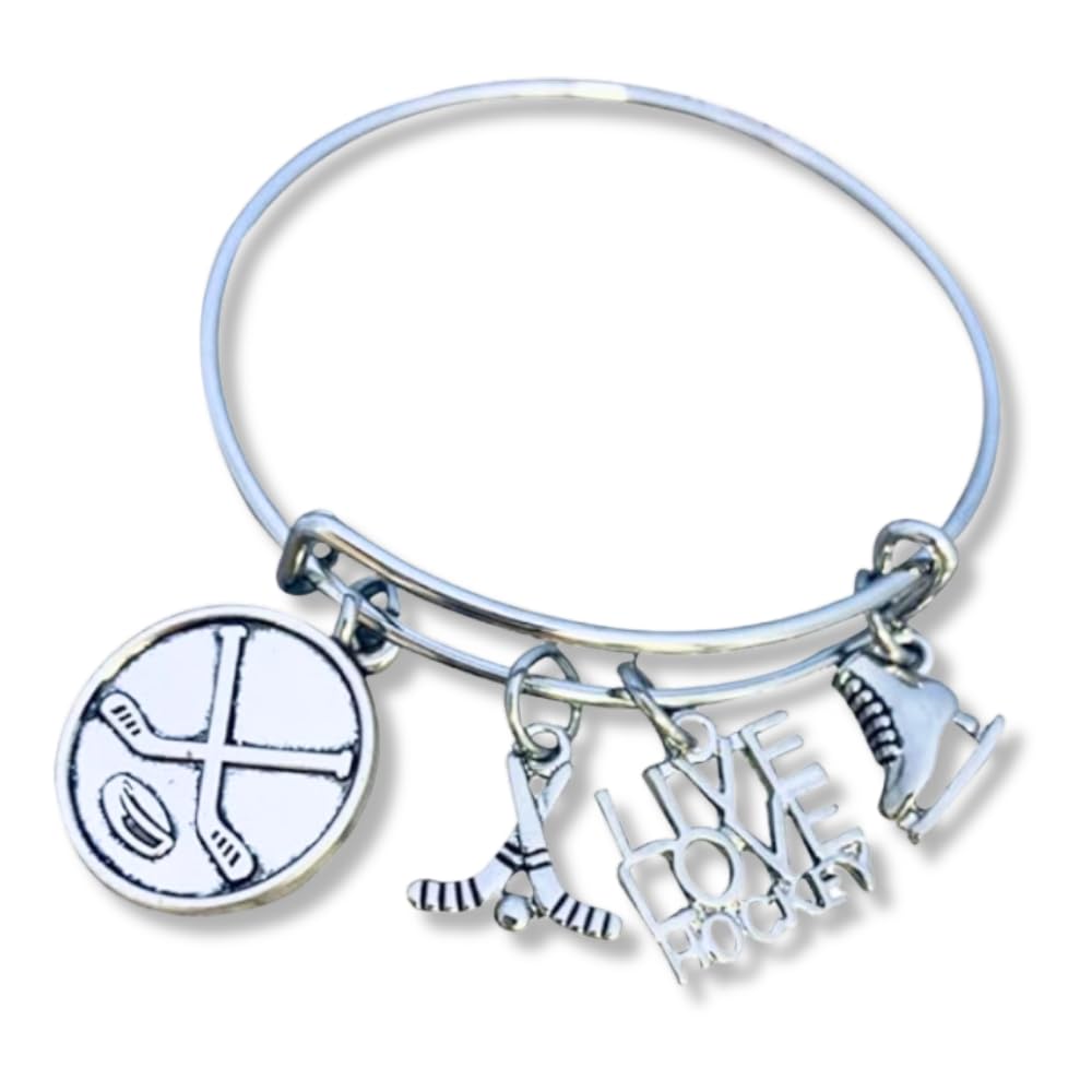 Sportybella Hockey Bracelet, Hockey Jewelry- Ice Hockey Puck and Stick Bangle Bracelet- Gift for Hockey Players