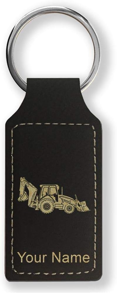 Rectangle Keychain, Backhoe Loader, Personalized Engraving Included