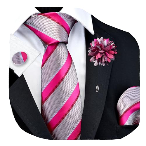 Image of GUSLESON 3.15 inch（8cm） Mens Stripe Tie and Lapel Pin Necktie Hankerchief Cufflinks Set for Men