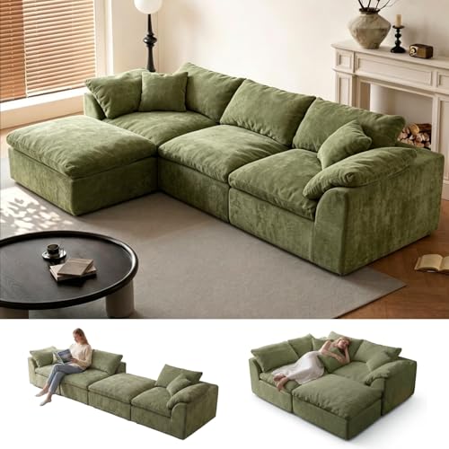 Image of 109 inch Boneless Cloud Couch Sectional for Living Room, Oversized Modular L Shaped Sofa with Chaise, Deep Seat Chenille Convertible Sofa Bed for Cloud-Like Comfort(OliveGreen)