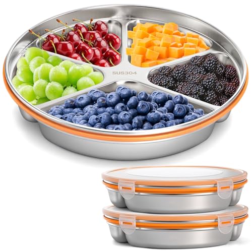 2 Pack Stainless Steel Divided Serving Tray with Lid