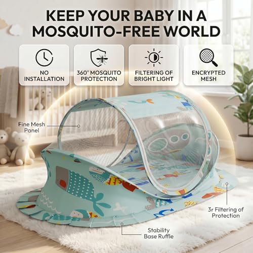 Image of StarAndDaisy Baby Mosquito net with Mattress for Baby, Portable Baby Lounger for Kids, Breathable mesh Mosquito Net. (Aqua Print)