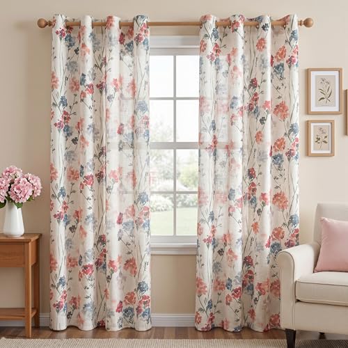 Image of MYSKY HOME Floral Linen Curtains 90 inch Length 2 Panels Set for Living Room Patterned Semi Sheer Light Filtering Privacy Farmhouse Grommet Drapes for Bedroom Small Window, 52 inch Wide Each Panel, Red