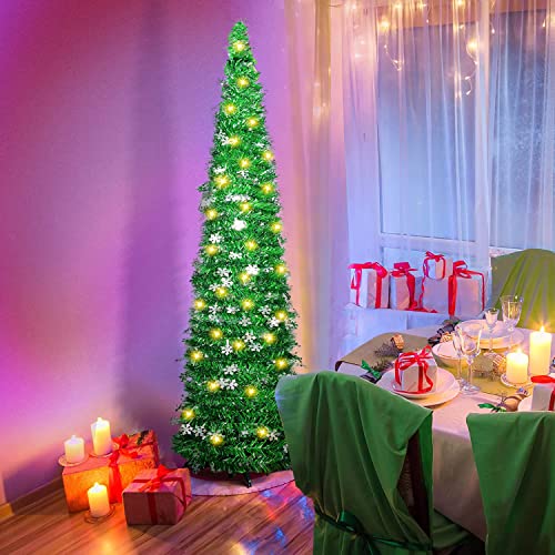 5Ft Pop Up Christmas Tree With 100 Led Lights, Prelit Tinsel Artificial Christmas Tree With Snowflake Ornaments Battery Operated 2 Modes Led Light, Christmas Decorations For Indoor Home Office #TOP3