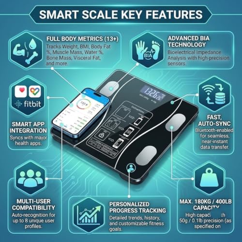 Image of Smart Bluetooth Body Fat Scale Digital Weight Scale with Mobile App | Bluetooth Smart Scale, Body Fat & BMI Analyzer, App Sync Data, LCD Display, High Precision Sensors, 180kg Capacity