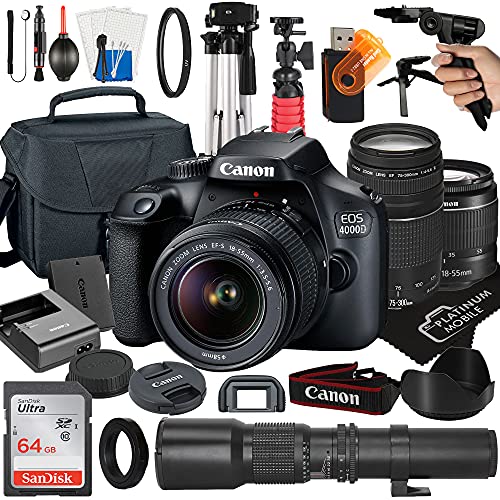 Canon EOS 4000D / Rebel T100 DSLR Camera with EF-S 18-55mm + EF 75-300mm + 500mm Preset Manual Focus Lens + SanDisk 64GB Card + Tripod + Case + MegaAccessory Bundle (24pc Bundles) (Renewed)