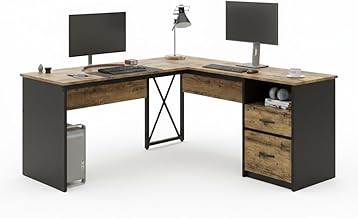 TEKAVO Rikin L Shape Executive Desk | Director Table for Office | Manager Desk with Drawer Storage | L Shaped Office Table | Brown & Black Wood | Metal (160Cm x 55Cm x 75Cm) | DIY