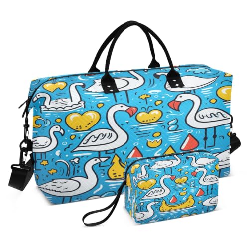 Sac de Voyage Flamants Roses Bleu et Sa Trousse Organisatrice de Bagage